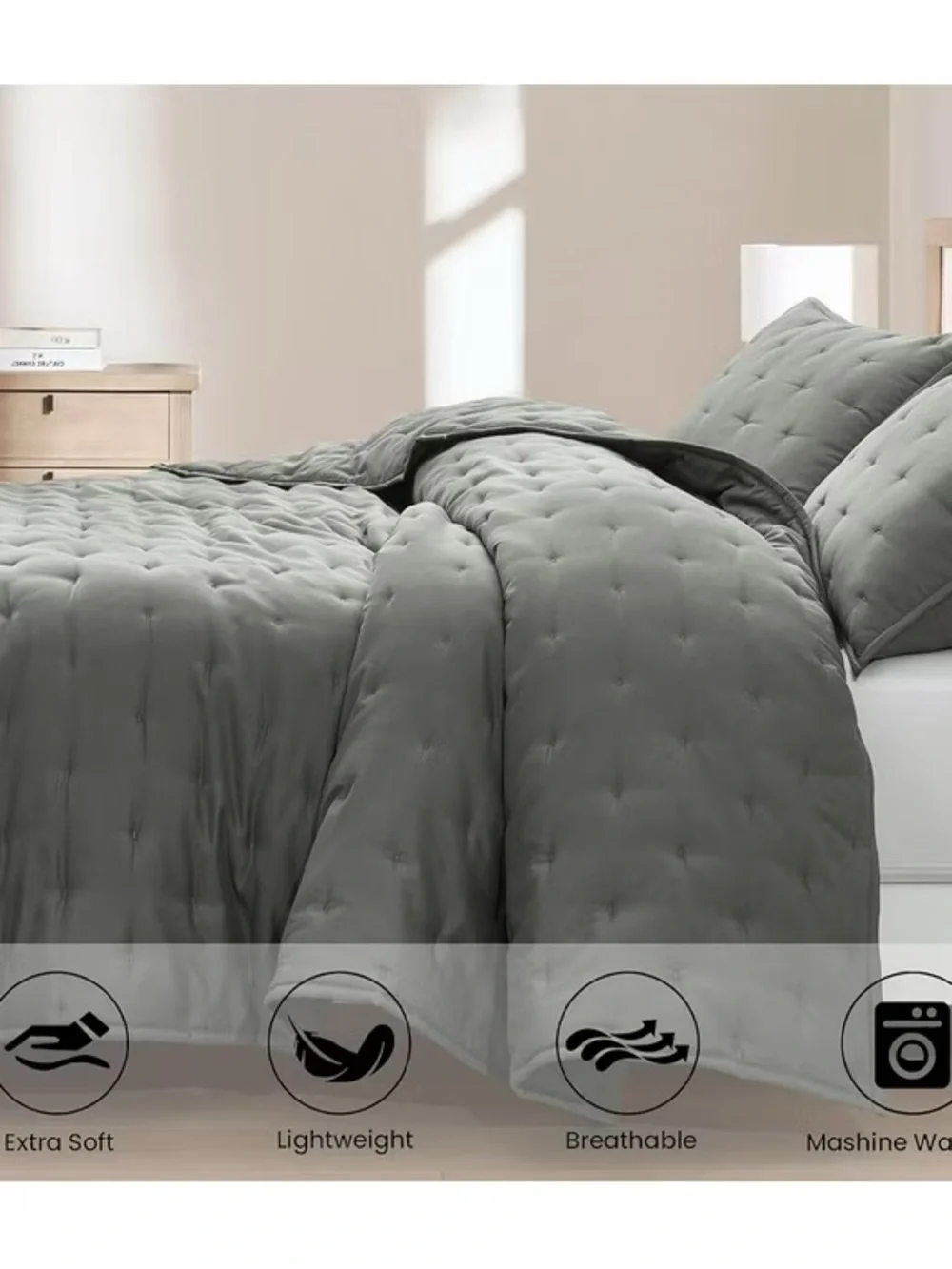Gray Quilted oversized king 3 piece quilt Set